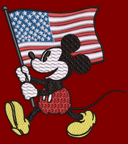 Classic 28 Mickey Mouse holding the US Flag embroidery design with beautiful satin stitches!