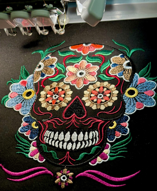 6x9 Hoop Sugar Skull - Stitching out.  Beautiful!