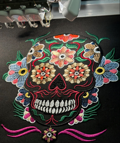 6x9 Hoop Sugar Skull - Stitching out.  Beautiful!